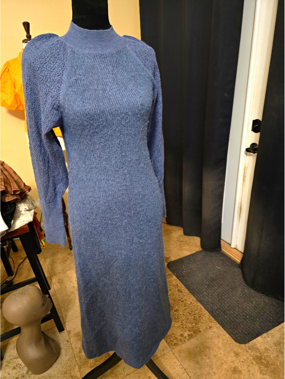 MOUSSY Dusty Blue Puff  Sleeve Knit Midi Sweater Dress Mohair Wool Alpaca  sz S